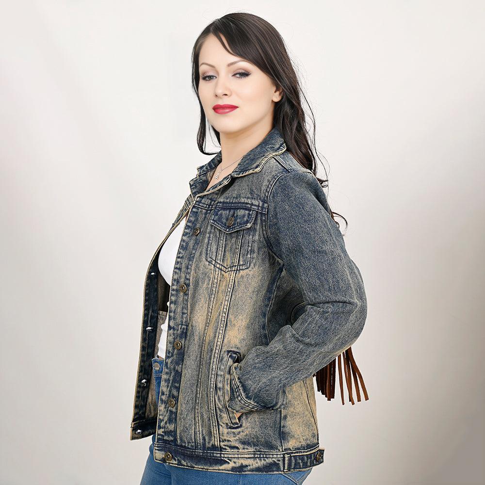 ADJKT025 Genuine leather Hand tooled hand carved Women 100% cotton Denim jacket  dress ladies girl