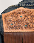 ADJKT025 Genuine leather Hand tooled hand carved Women 100% cotton Denim jacket  dress ladies girl