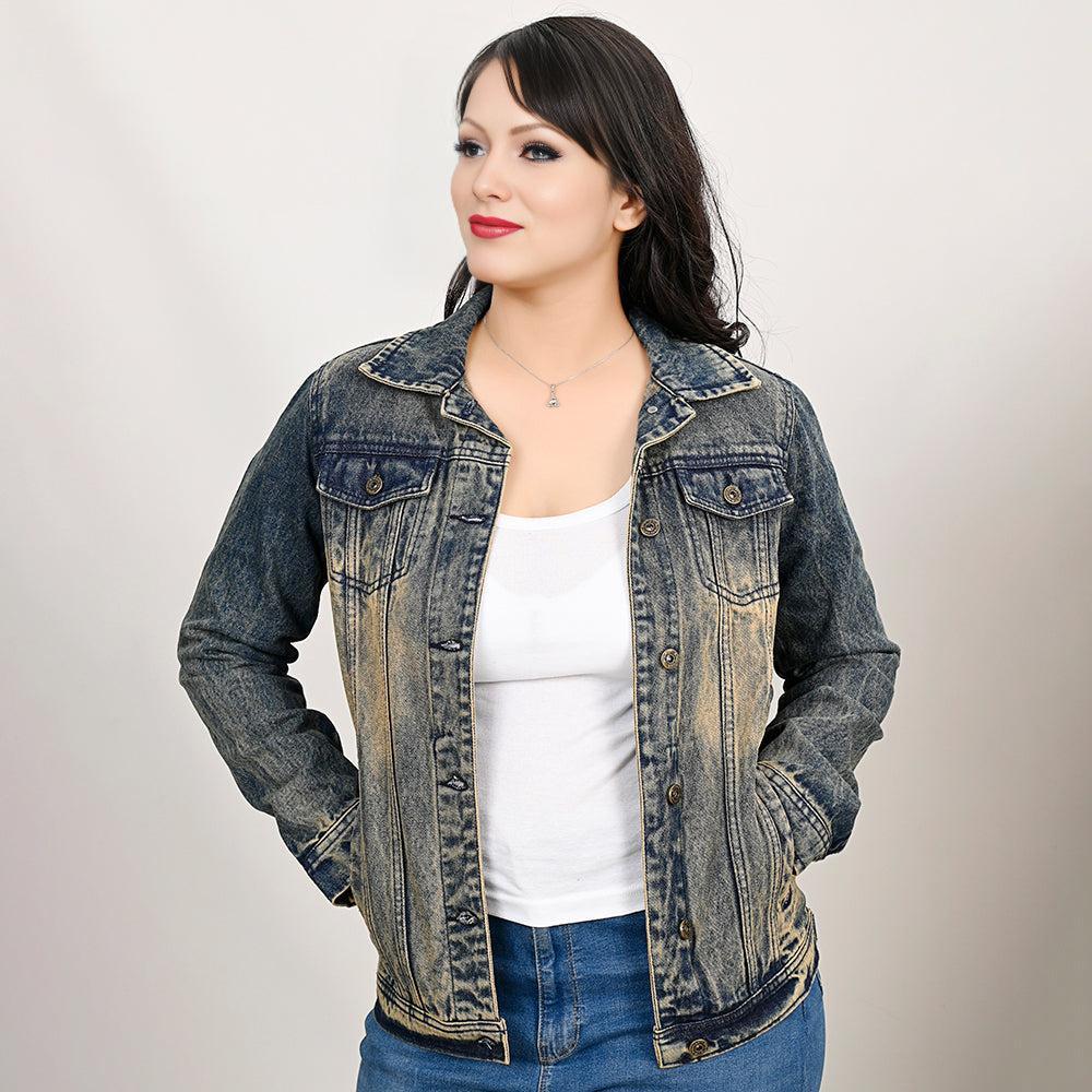 ADJKT025 Genuine leather Hand tooled hand carved Women 100% cotton Denim jacket  dress ladies girl