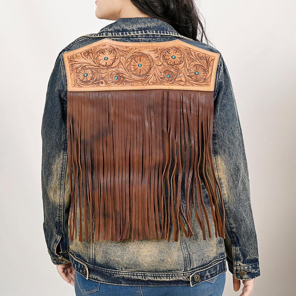 ADJKT025 Genuine leather Hand tooled hand carved Women 100% cotton Denim jacket  dress ladies girl