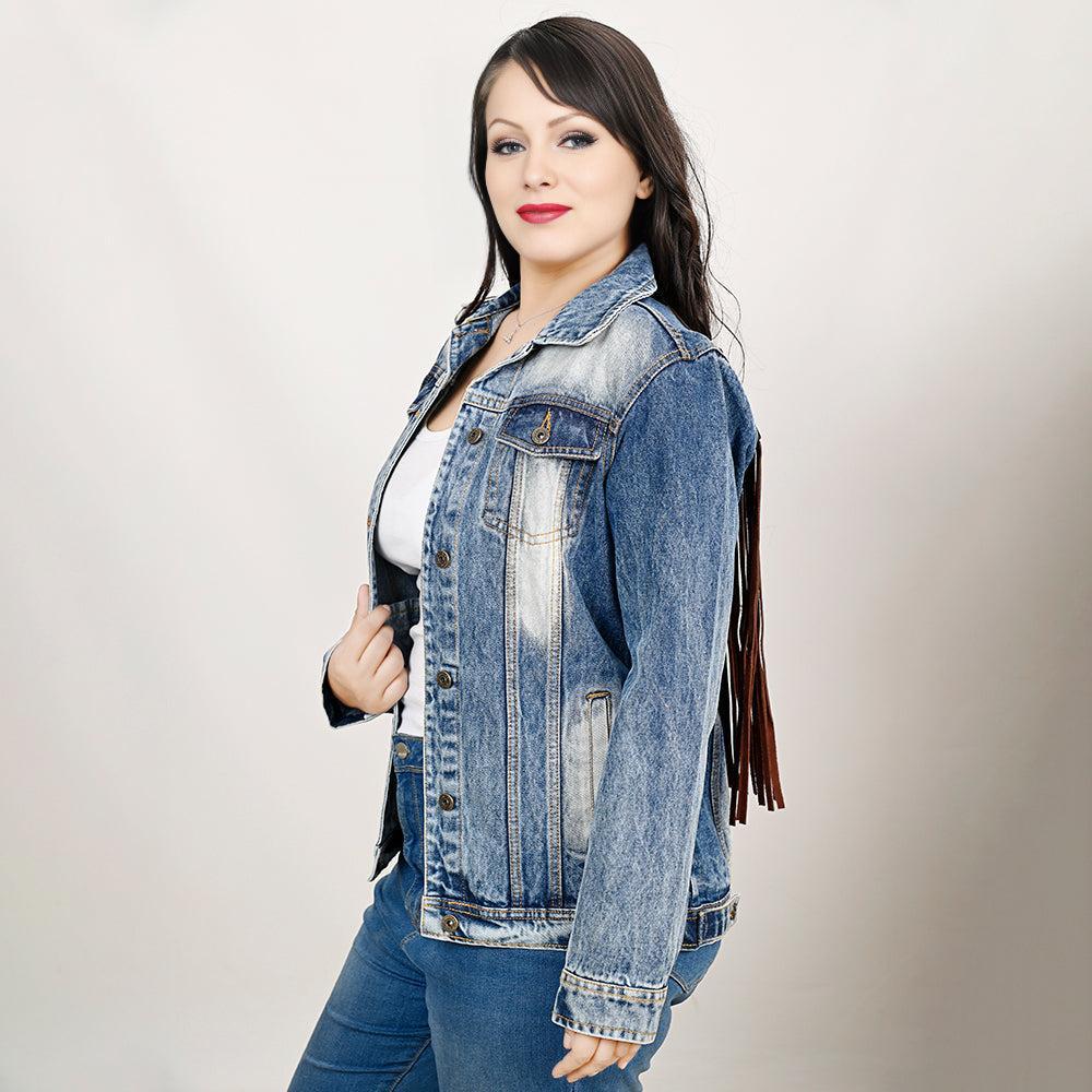 ADJKT029 Genuine leather Hand tooled hand carved Women 100% cotton Denim jacket  dress ladies girl