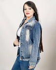 ADJKT029 Genuine leather Hand tooled hand carved Women 100% cotton Denim jacket  dress ladies girl