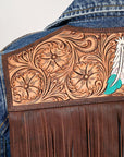 ADJKT029 Genuine leather Hand tooled hand carved Women 100% cotton Denim jacket  dress ladies girl