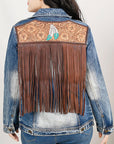 ADJKT029 Genuine leather Hand tooled hand carved Women 100% cotton Denim jacket  dress ladies girl