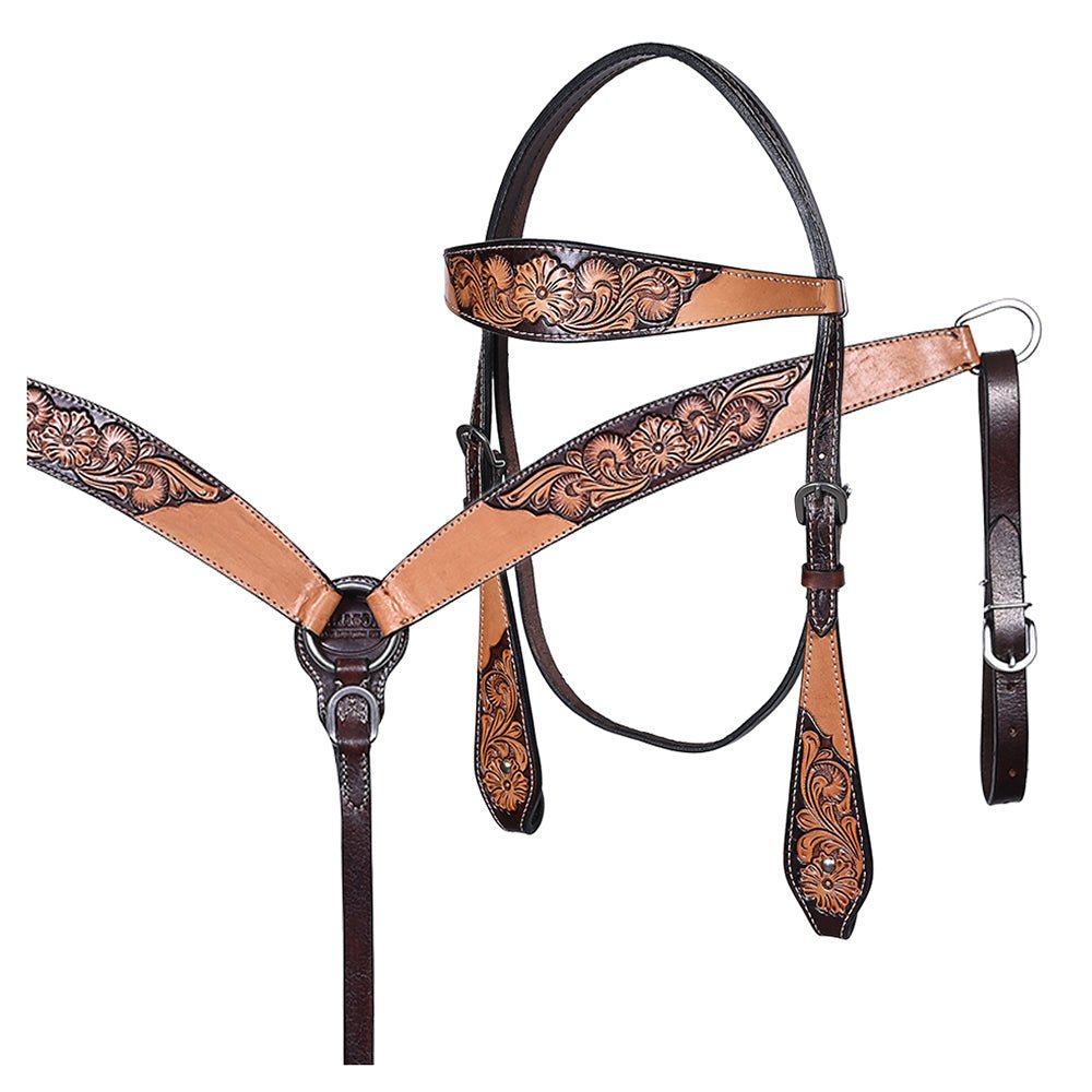 HILASON Western Horse Headstall &amp; Breast Collar American Leather Floral Carving