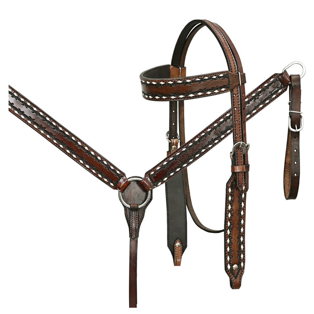 HILASON Western American Leather Horse Headstall &amp; Breast Collar Tack Set Dark Brown With Buckstich