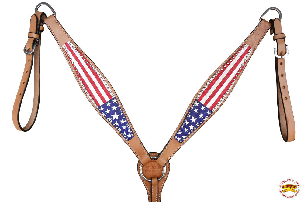 HILASON Western Horse American Leather Headstall &amp; Breast Collar Set Tan US Flag