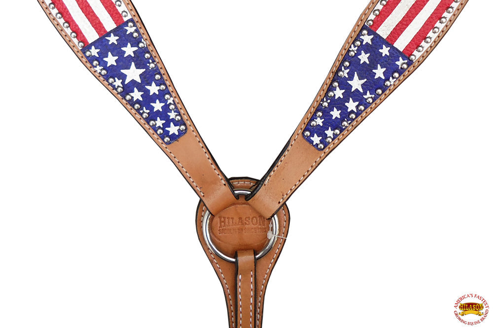 HILASON Western Horse American Leather Headstall &amp; Breast Collar Set Tan US Flag
