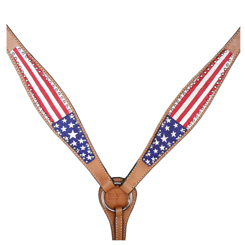 HILASON Western Horse American Leather Headstall &amp; Breast Collar Set Tan US Flag