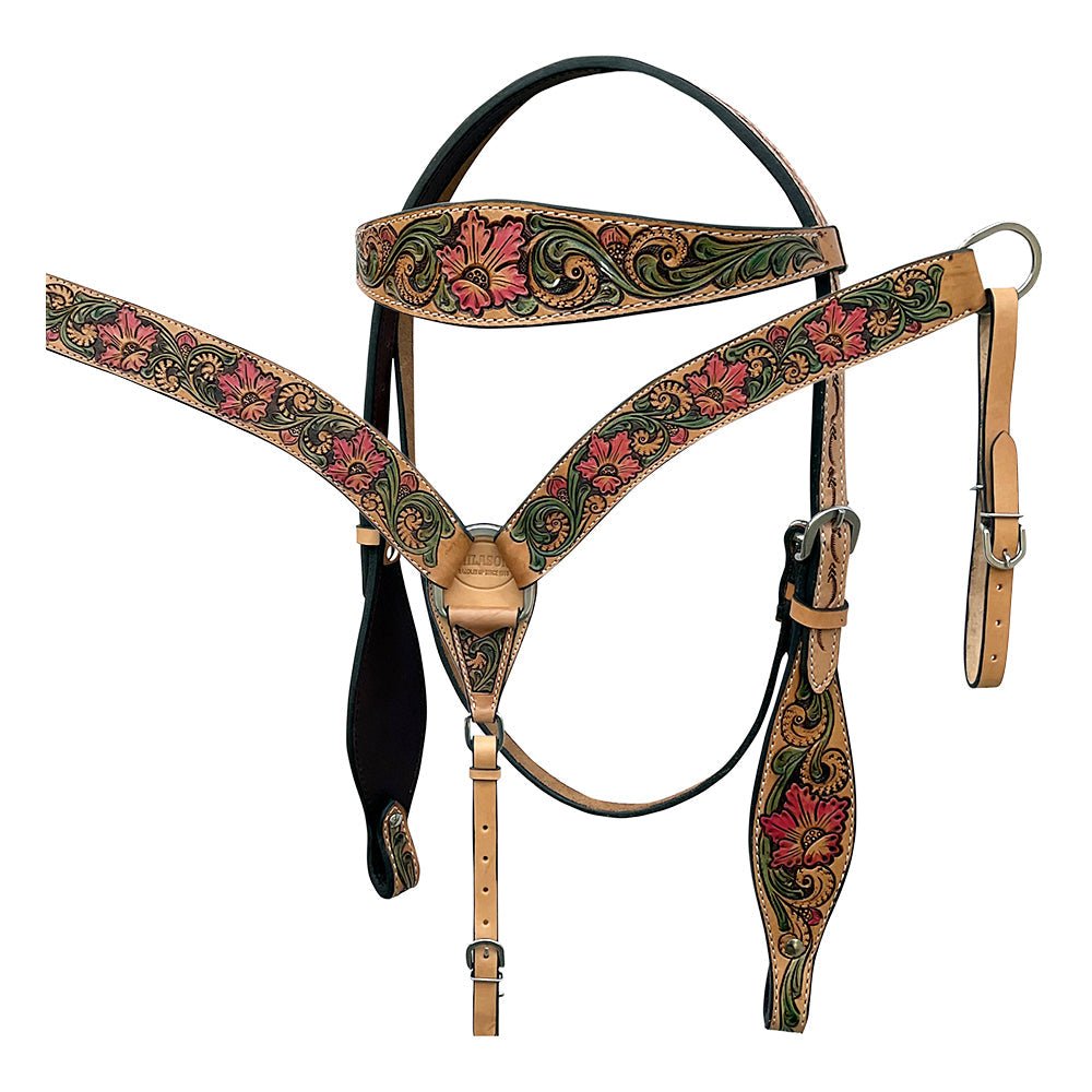 Hand-Carved Leather Western Headstall And Breast Collar Set For Training And Showing