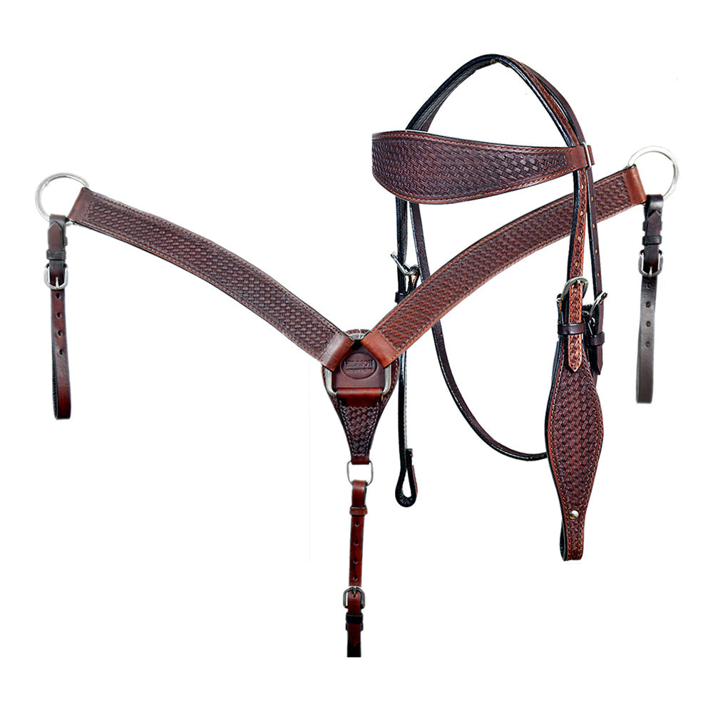 HILASON Western Horse Leather Headstall &amp; Breast Collar Set Basket Chocolate