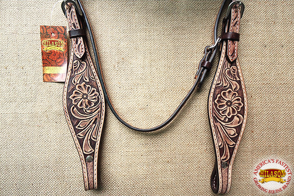 HILASON Western Horse Leather Headstall &amp; Breast Collar Set Floral Roughout Dark Brown