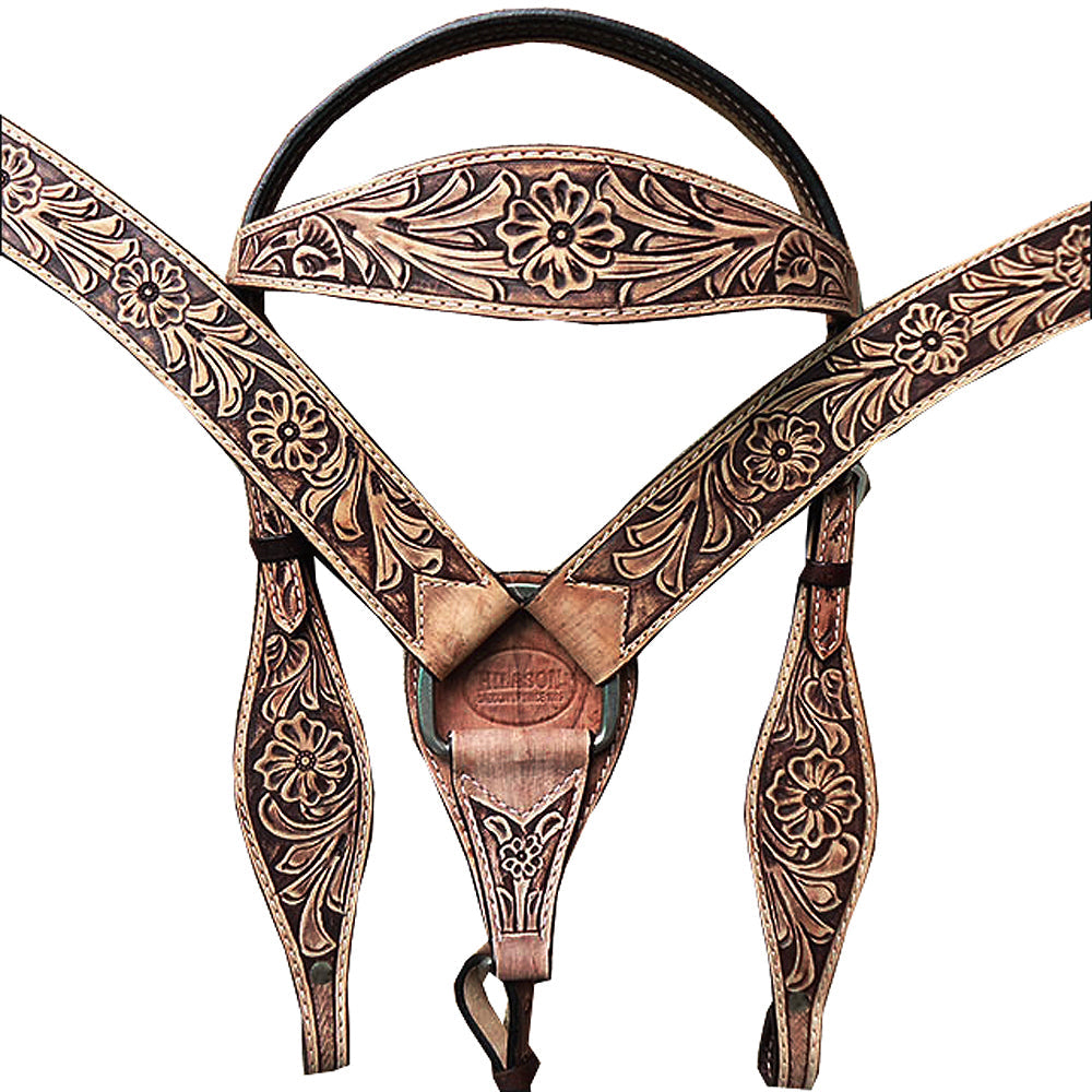 HILASON Western Horse Leather Headstall &amp; Breast Collar Set Floral Roughout Dark Brown