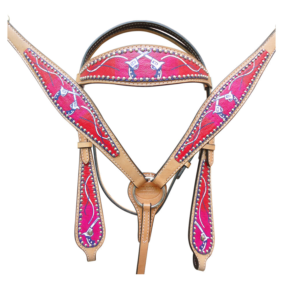 HILASON Western Horse Genuine American Leather Headstall &amp; Breast Collar Set Red Croos Gun Printed