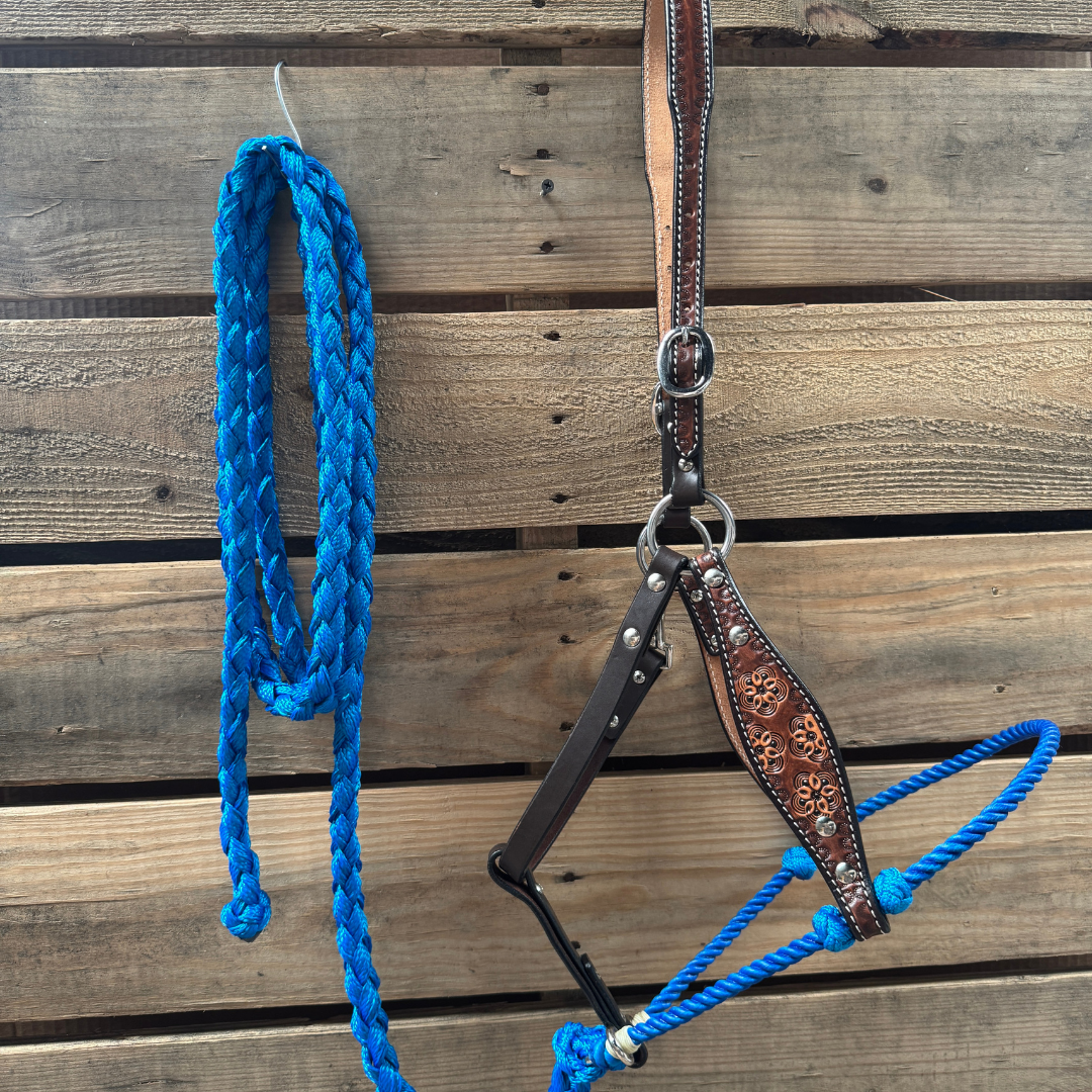 Blue Flower Power Tooled Lariat &amp; Leather Combo Halter