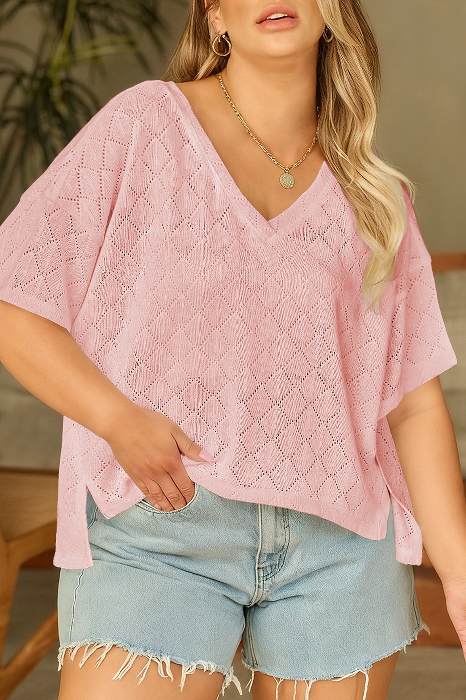 Plus Size Rhombus Pointelle Knit V-Neck Top