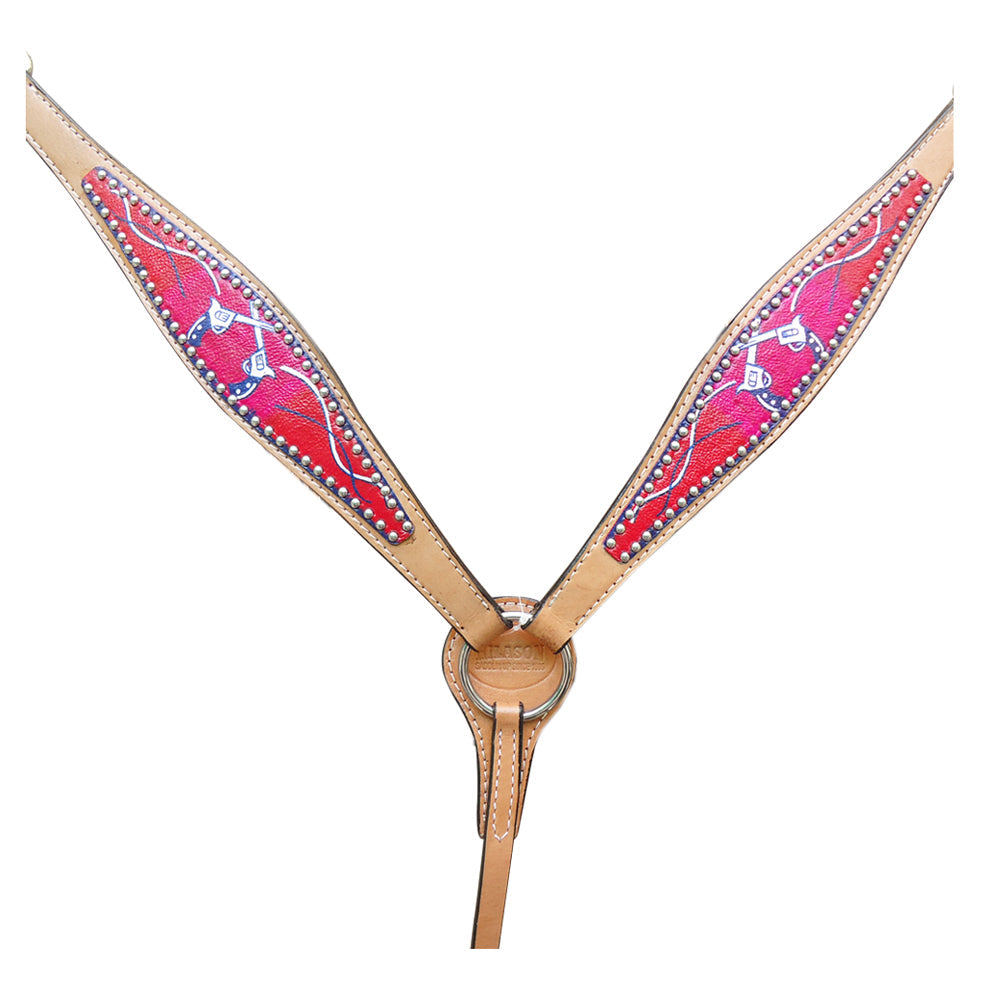 HILASON Western Horse Genuine American Leather Headstall &amp; Breast Collar Set Red Croos Gun Printed
