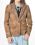 American Darling Women’s Premium Genuine Leather Blazer - Hand-Tooled Western Lapel Jacket, Vintage Brown Cowgirl Coat