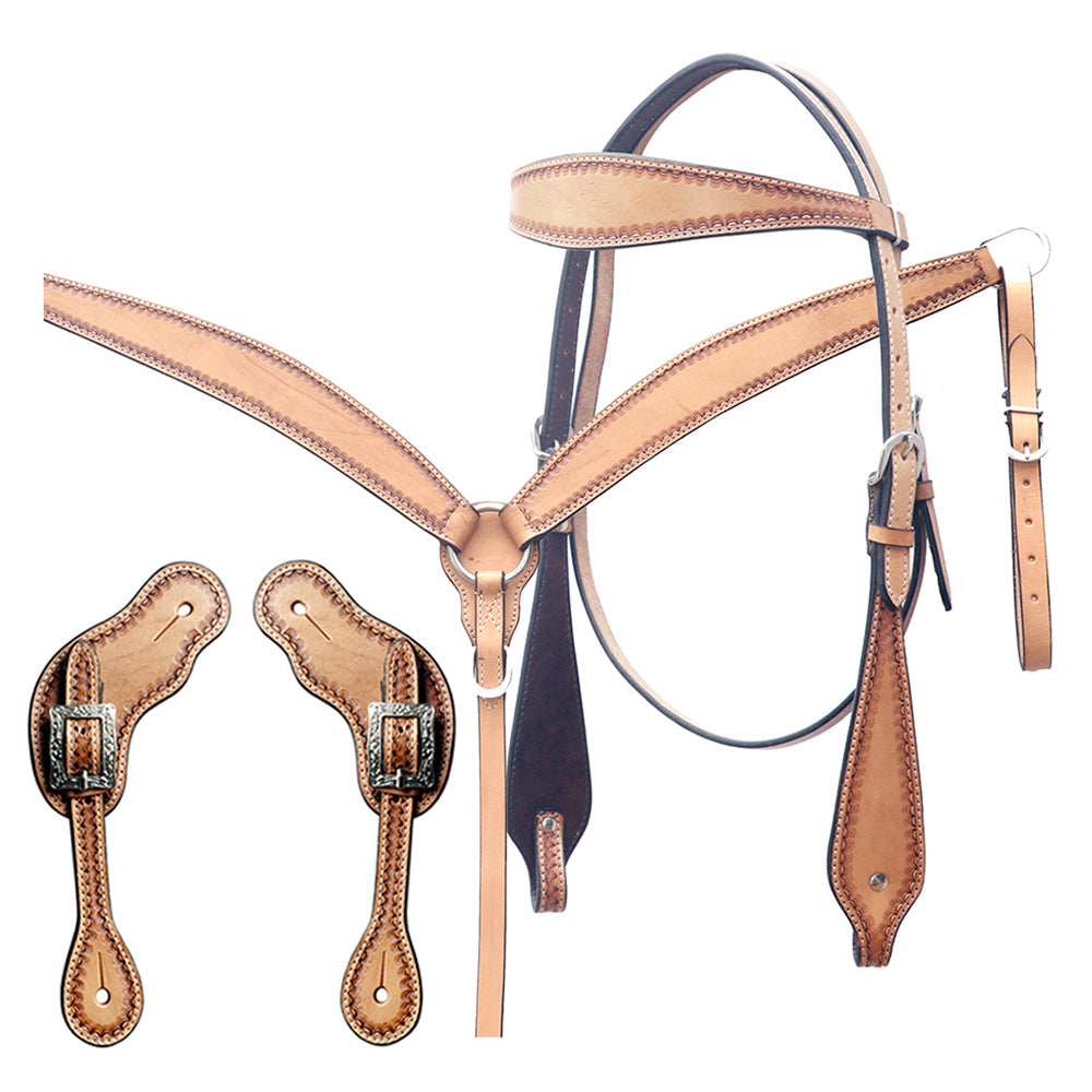 Bar H Equine Leather Horse Headstall Breast Collar &amp; One Ear Headstall Tan