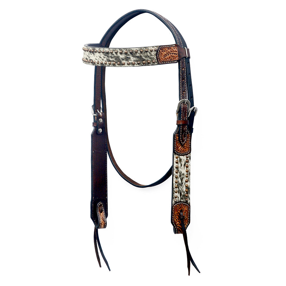 Bar H Equine Western Hair On Leather Headstall &amp; Breast Collar Floral Brown