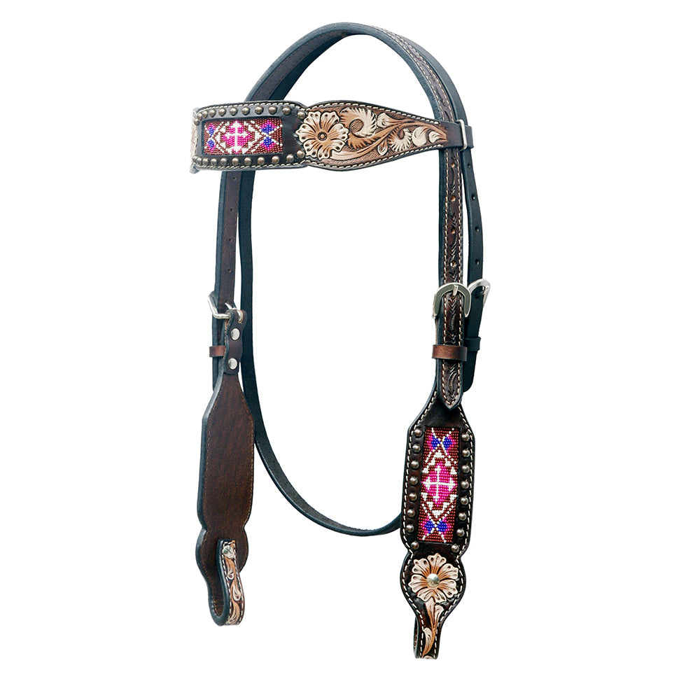 BAR H EQUINE Western Horse Floral Hand Painted Genuine Leather Beaded Inlay Headstall Dark Brown