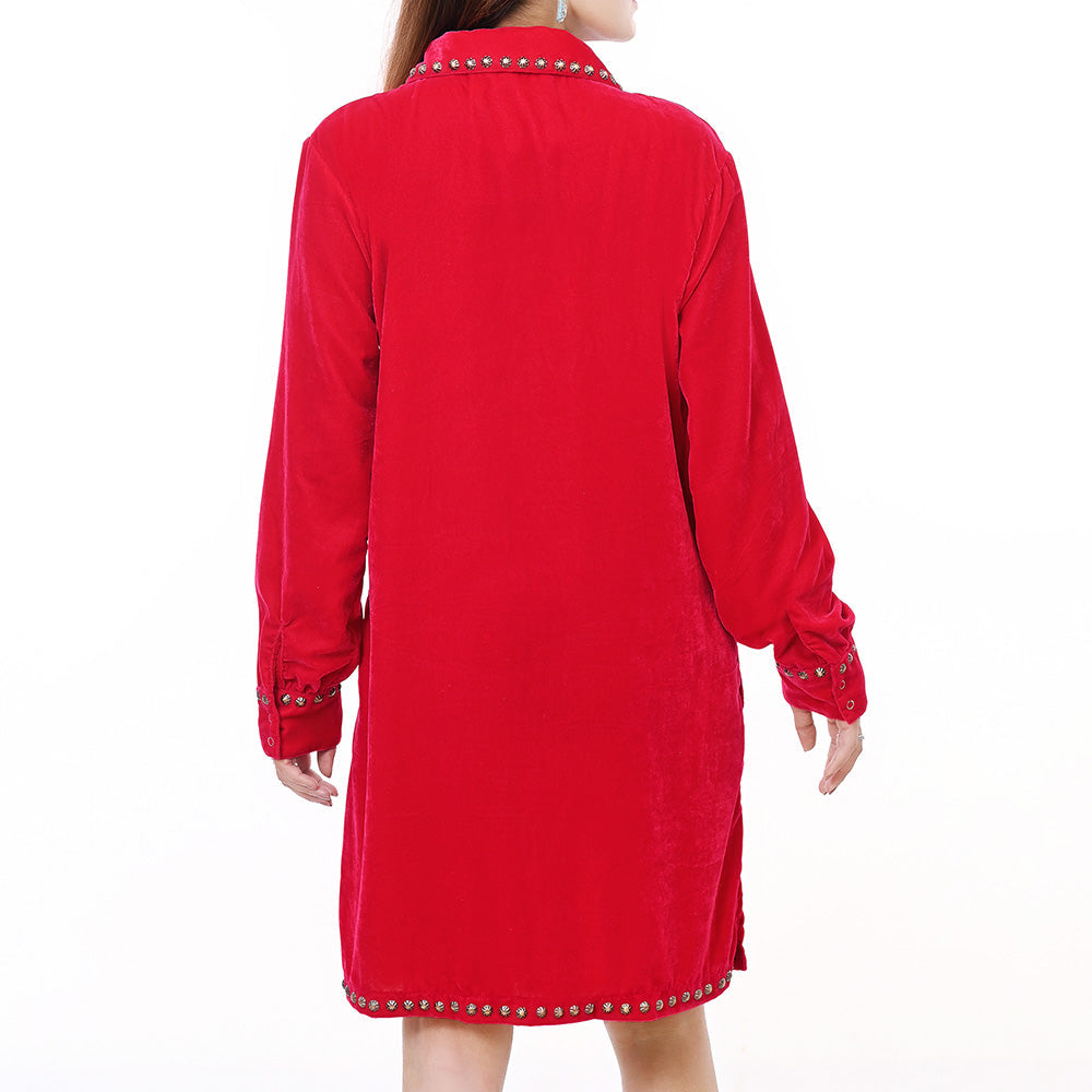 American Darling ADDR007 100% Cotton Denim Women Shirt Jacket Dress Ladies Girl Top Red