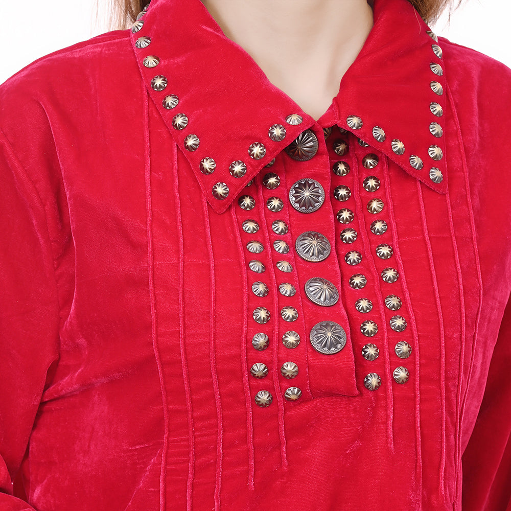 American Darling ADDR007 100% Cotton Denim Women Shirt Jacket Dress Ladies Girl Top Red