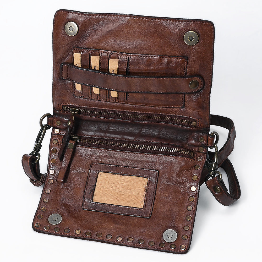 Spaghetti Western Swc193Brn Organiser Vintage Handmade Drum Dyed Genuine European Cowhide Leather Women Bag Western Handbag Purse