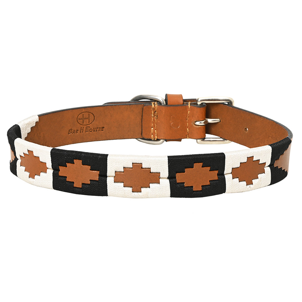 BAR H EQUINE Western Genuine Leather Dog Collar Embroidered  Black &amp; White