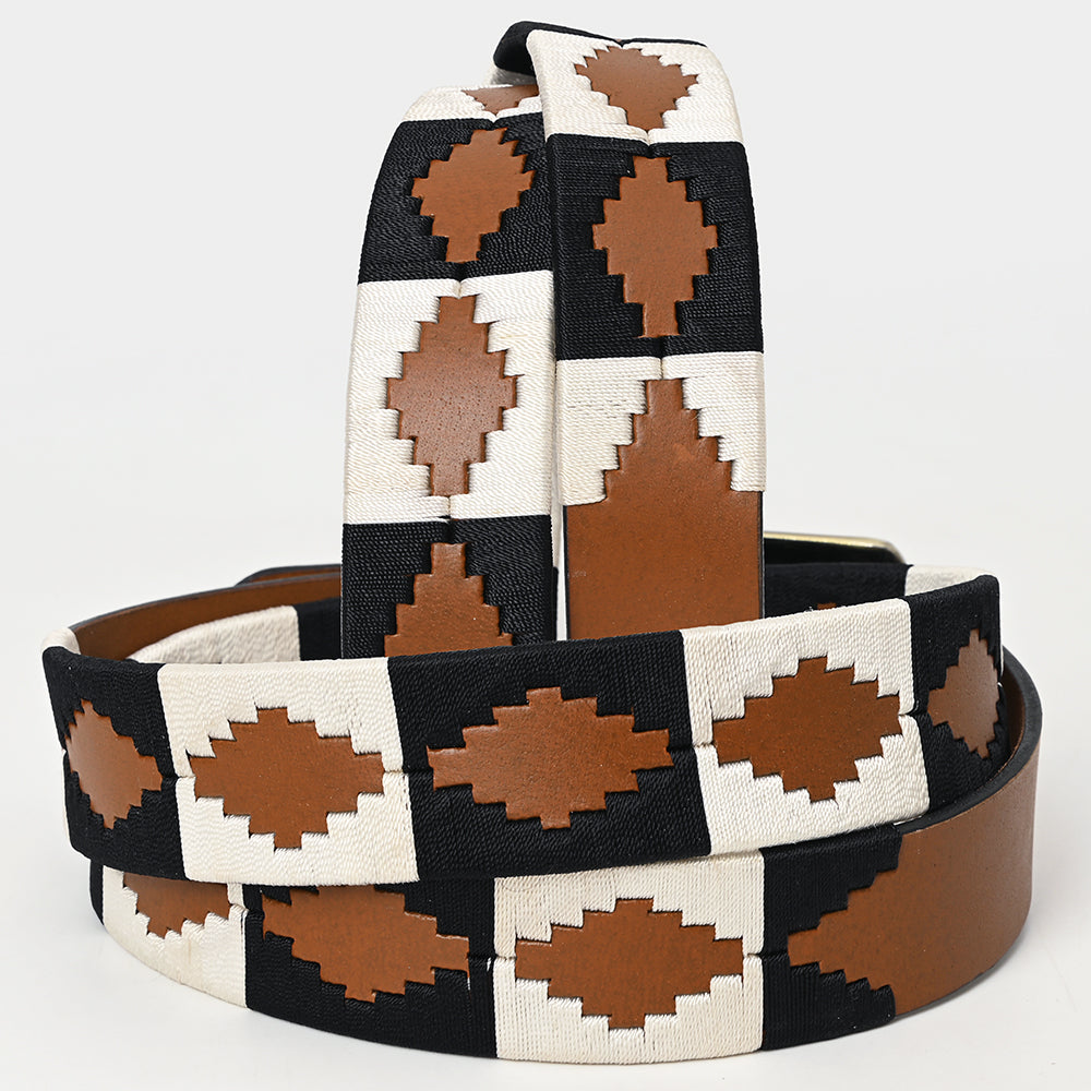 BAR H EQUINE Western Genuine Leather Men And Women Tan Belt Embroidered Black &amp; White