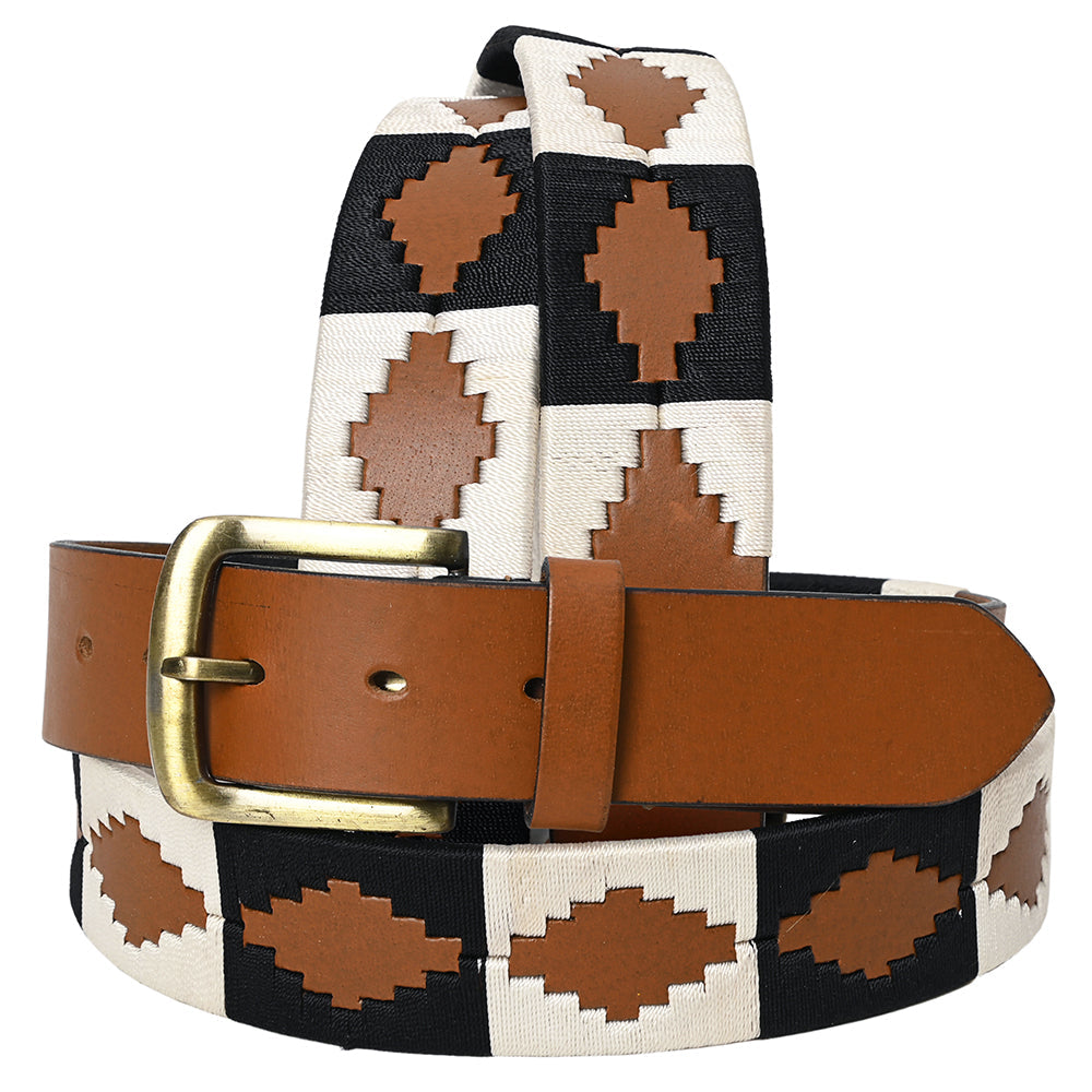 BAR H EQUINE Western Genuine Leather Men And Women Tan Belt Embroidered Black &amp; White