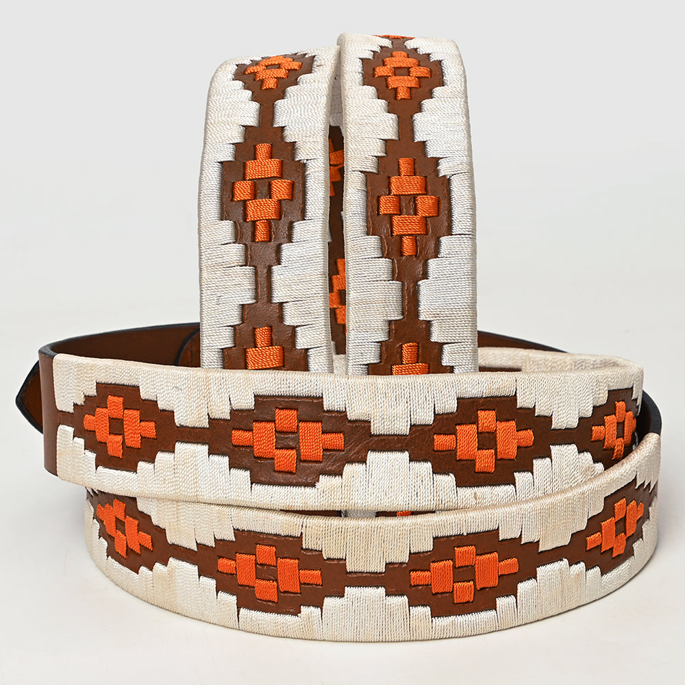 BAR H EQUINE Western Genuine Leather Men And Women Brown Belt Embroidered White &amp; Orange