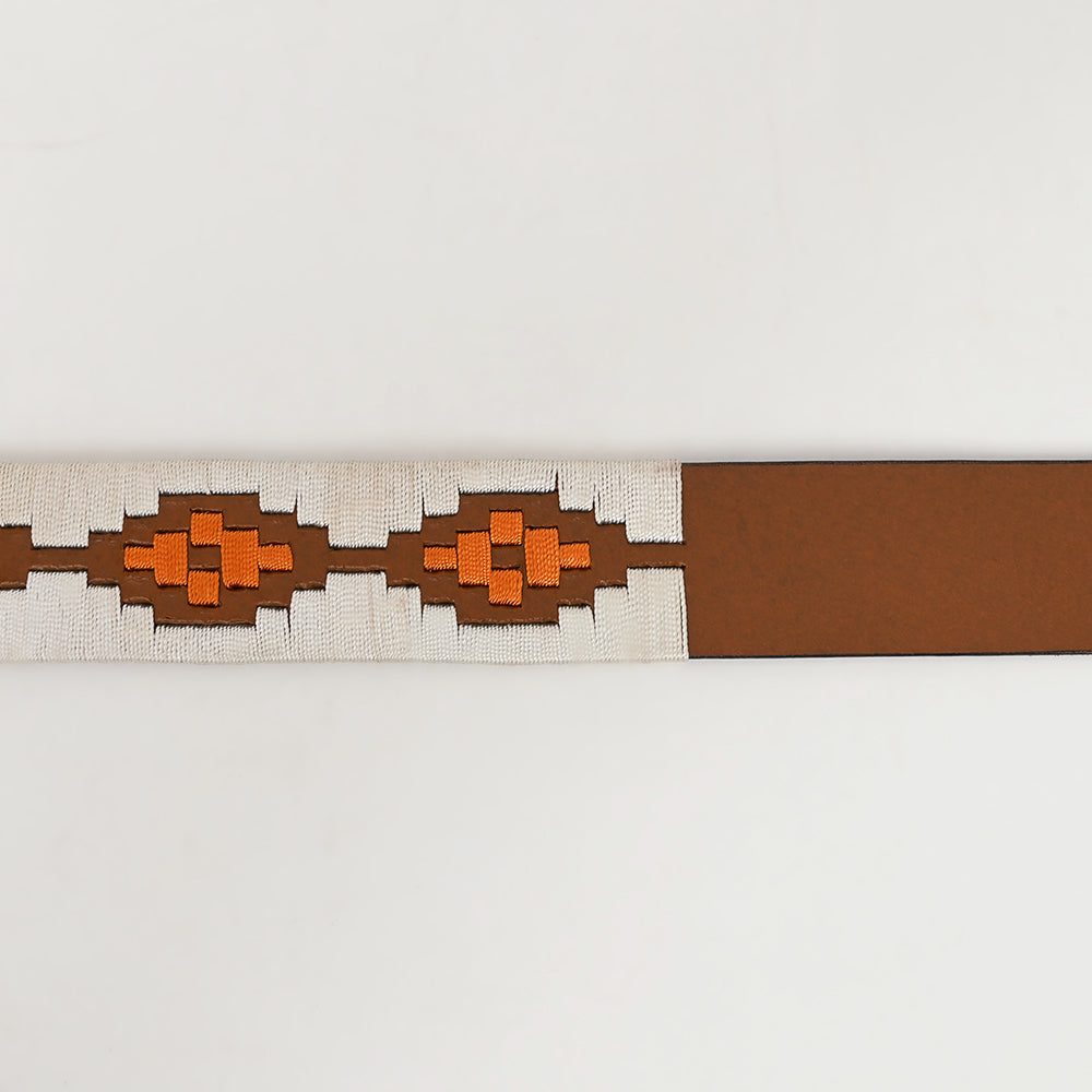 BAR H EQUINE Western Genuine Leather Men And Women Brown Belt Embroidered White &amp; Orange