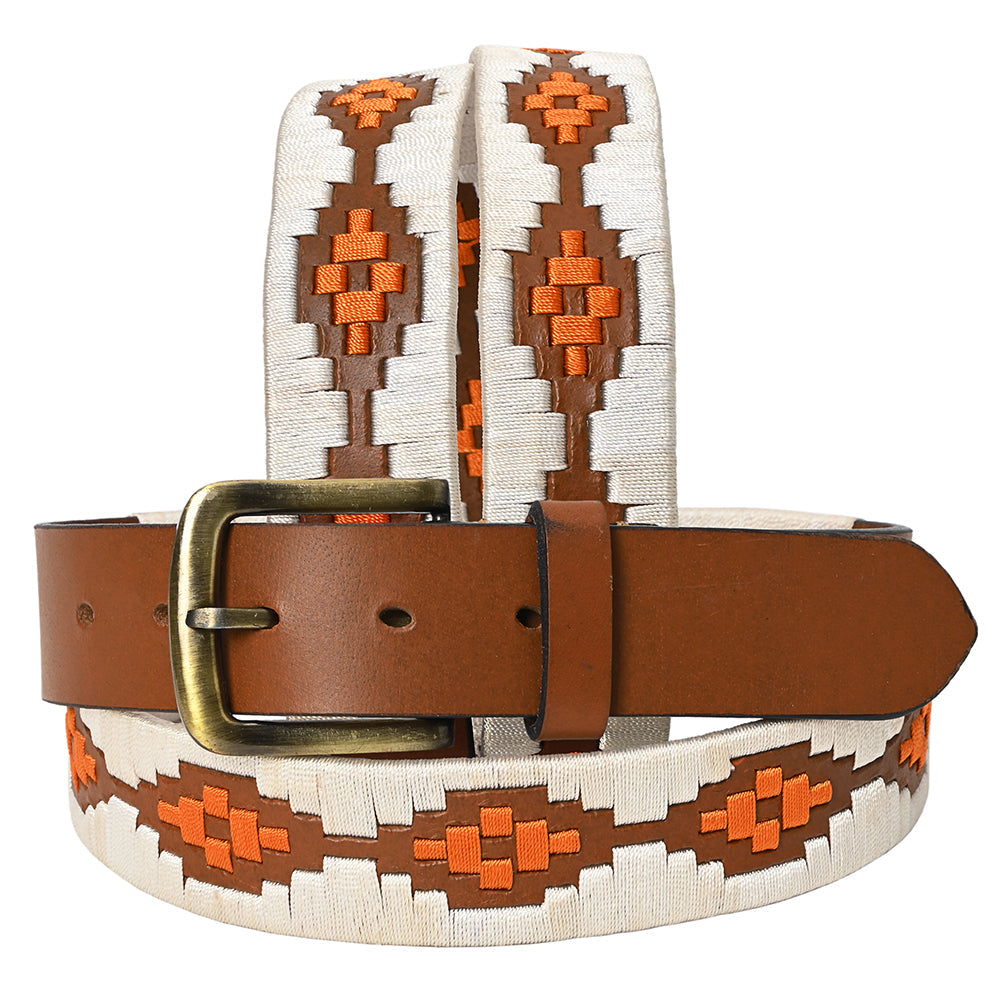 BAR H EQUINE Western Genuine Leather Men And Women Brown Belt Embroidered White &amp; Orange