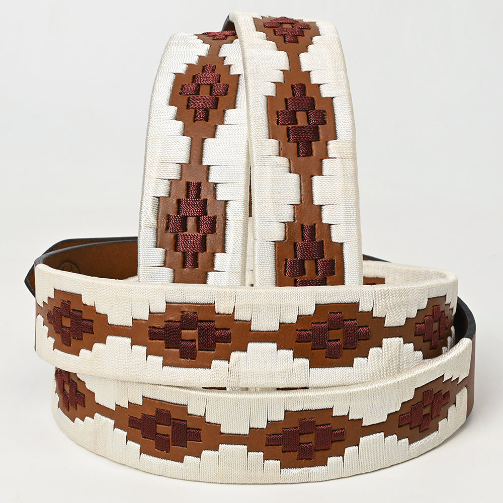 BAR H EQUINE Western Genuine Leather Men And Women Brown Belt Embroidered White &amp; Brown