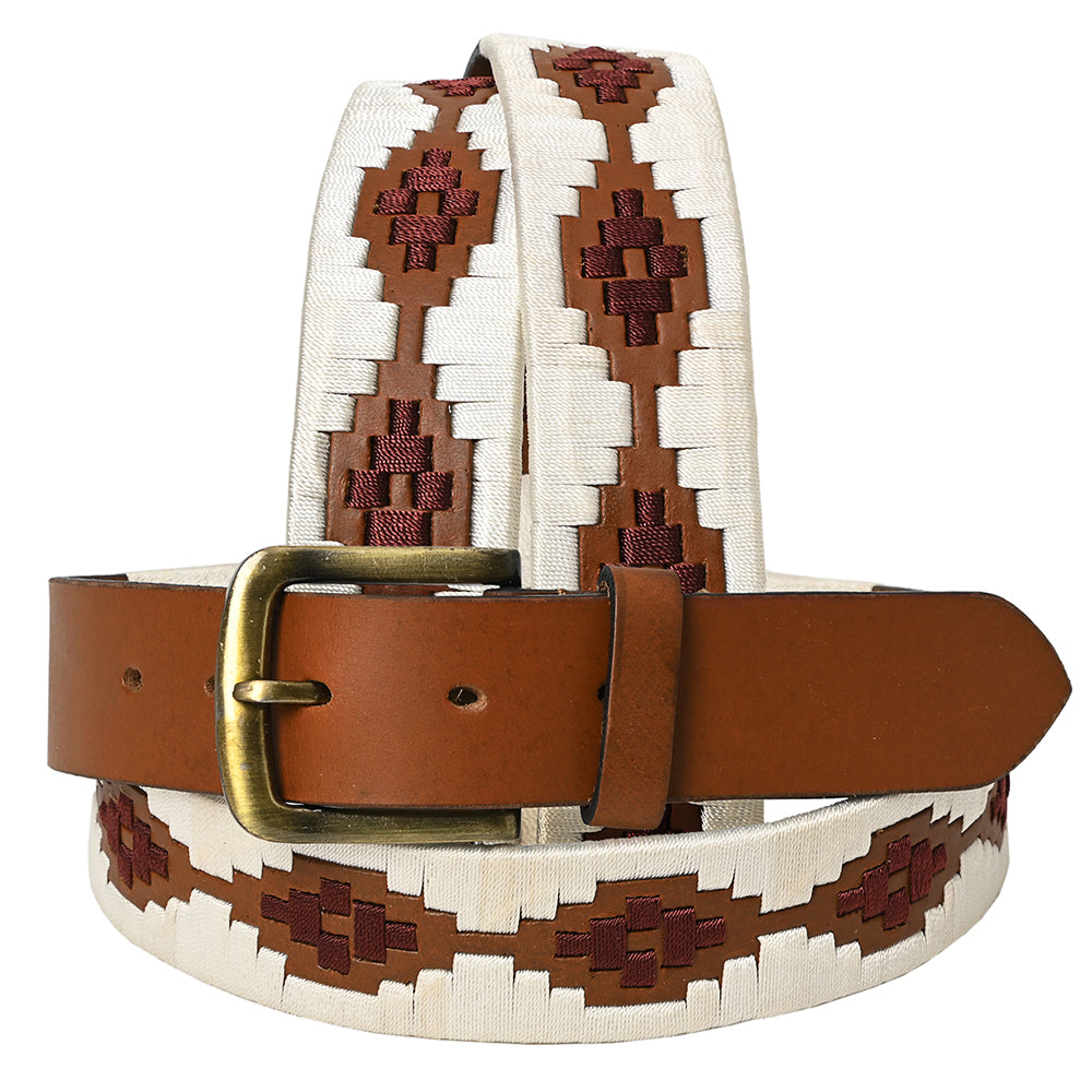 BAR H EQUINE Western Genuine Leather Men And Women Brown Belt Embroidered White &amp; Brown