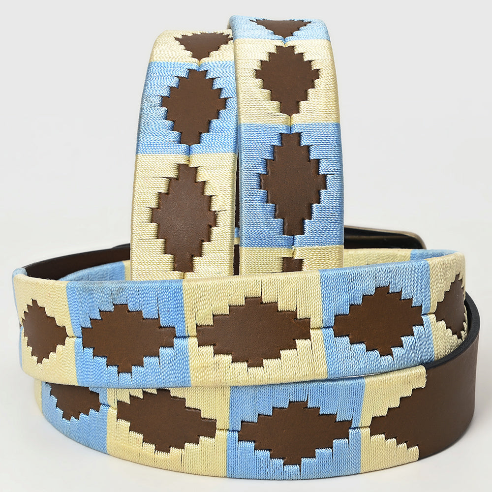BAR H EQUINE Western Genuine Leather Men And Women Brown Belt Embroidered Beige &amp; Light Blue