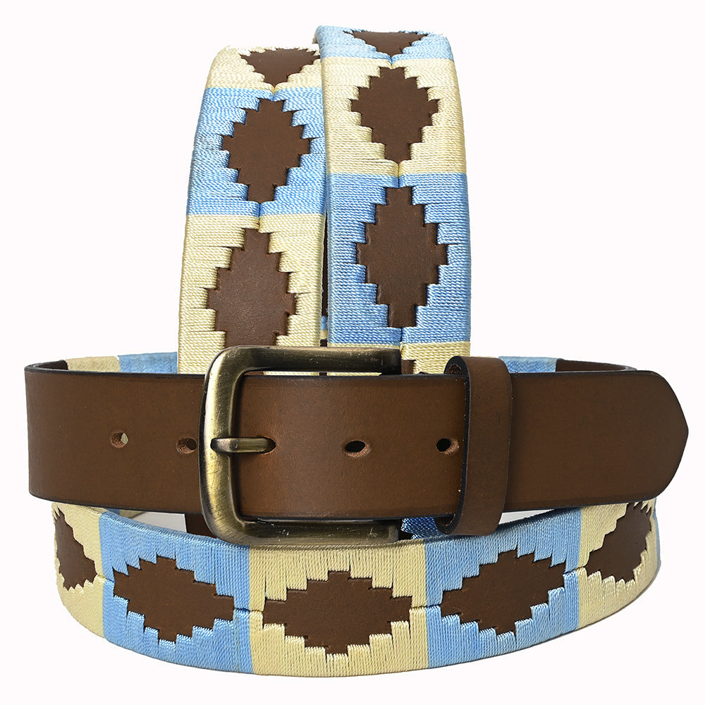 BAR H EQUINE Western Genuine Leather Men And Women Brown Belt Embroidered Beige &amp; Light Blue