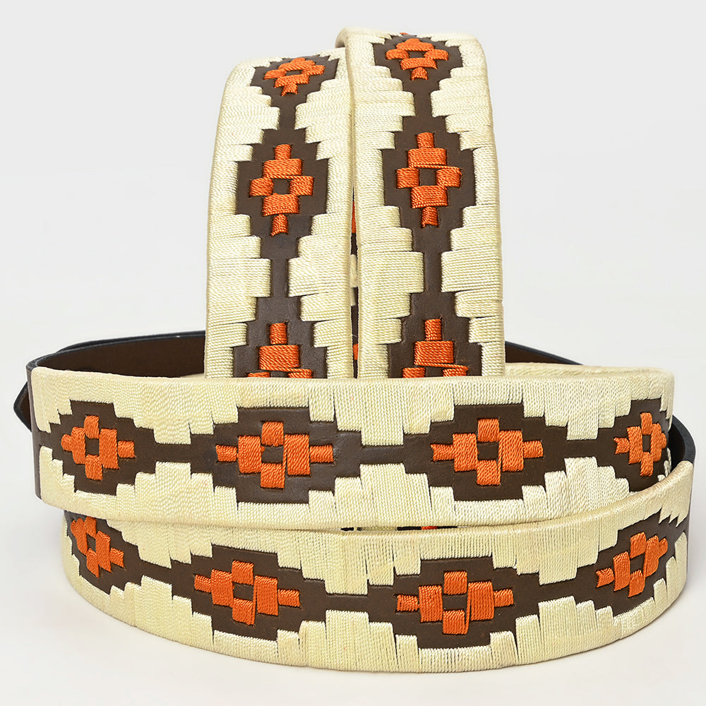 BAR H EQUINE Western Genuine Leather Men And Women Brown Belt Embroidered Beige &amp; Orange