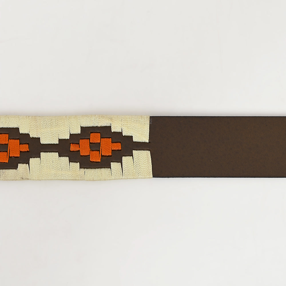 BAR H EQUINE Western Genuine Leather Men And Women Brown Belt Embroidered Beige &amp; Orange