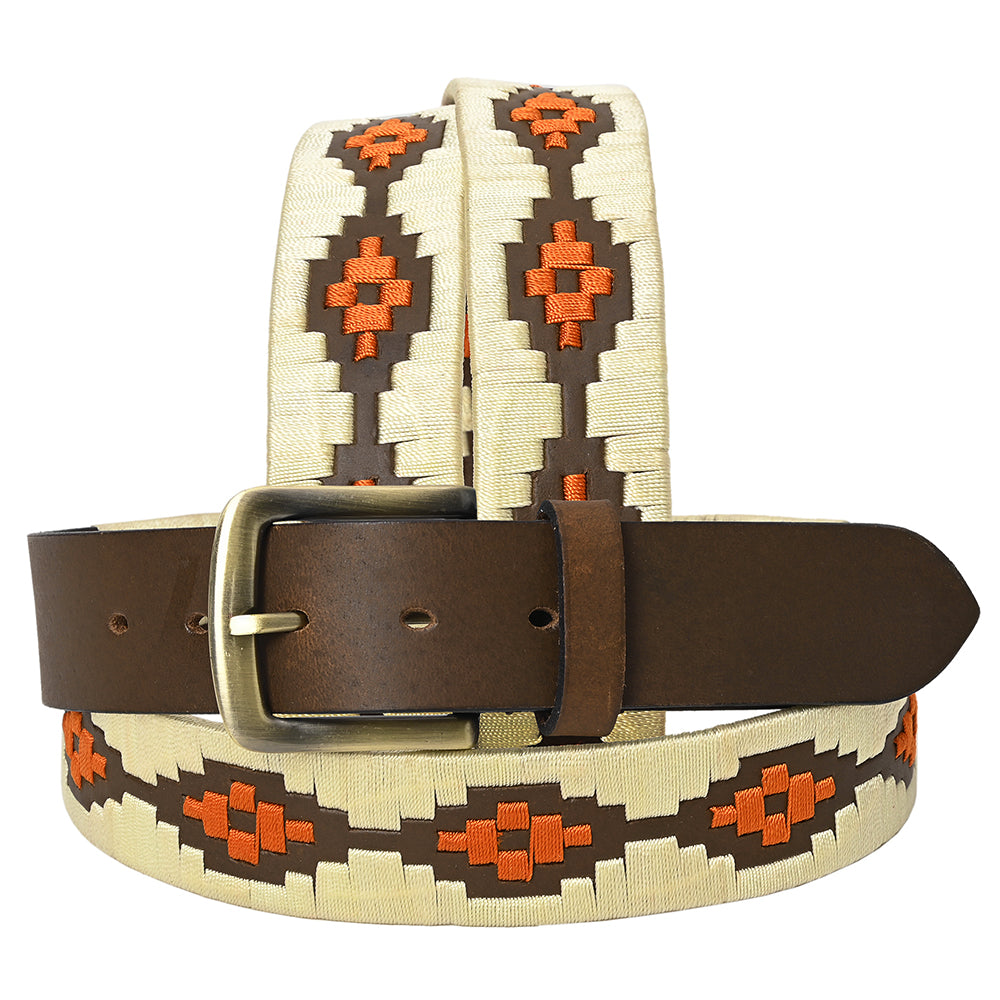 BAR H EQUINE Western Genuine Leather Men And Women Brown Belt Embroidered Beige &amp; Orange