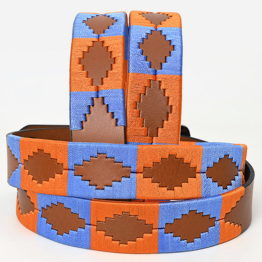 BAR H EQUINE Western Genuine Leather Men And Women Brown Belt Embroidered Orange &amp; Blue