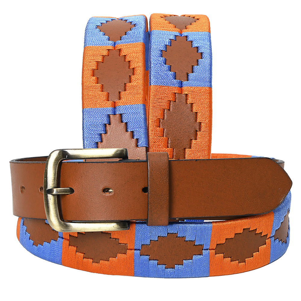 BAR H EQUINE Western Genuine Leather Men And Women Brown Belt Embroidered Orange &amp; Blue
