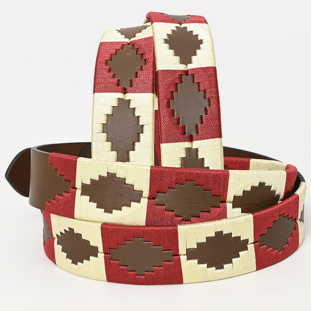BAR H EQUINE Western Genuine Leather Men And Women Brown Belt Embroidered Maroon &amp; Beige