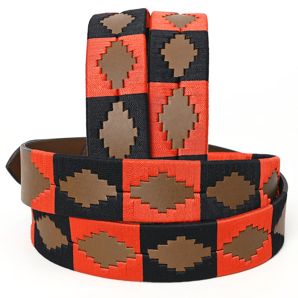 BAR H EQUINE Western Genuine Leather Men And Women Brown Belt Embroidered Orange &amp; Black