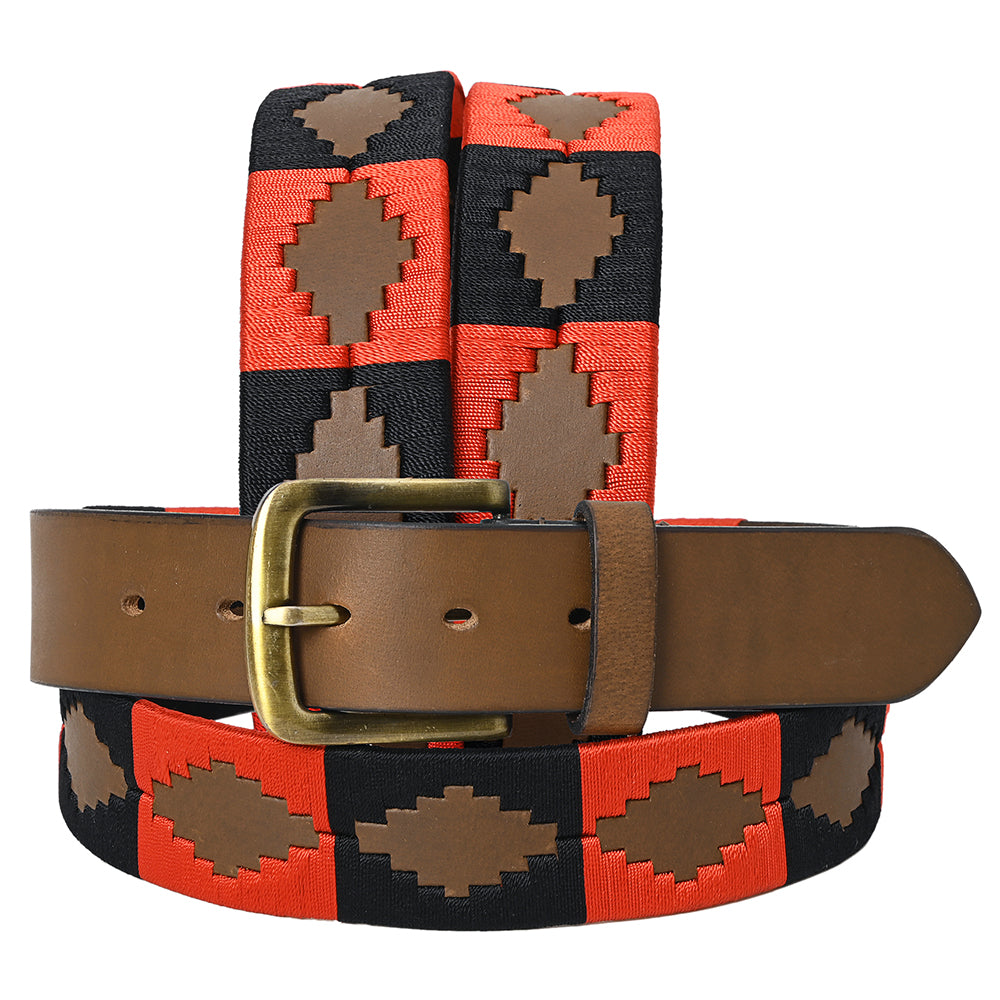 BAR H EQUINE Western Genuine Leather Men And Women Brown Belt Embroidered Orange &amp; Black