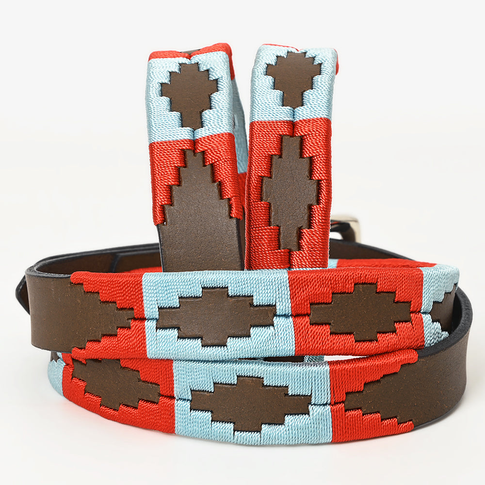 BAR H EQUINE Western Genuine Leather Men And Women Brown Belt Embroidered Red &amp; Light Blue