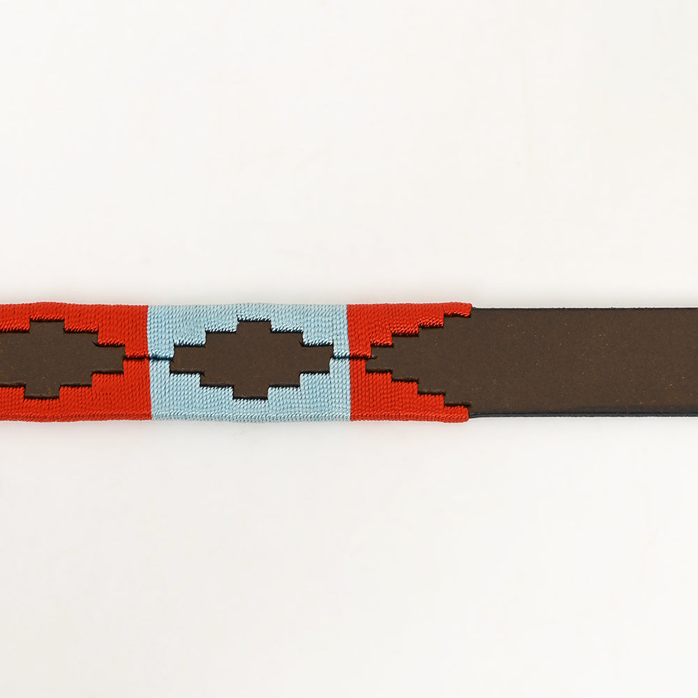 BAR H EQUINE Western Genuine Leather Men And Women Brown Belt Embroidered Red &amp; Light Blue