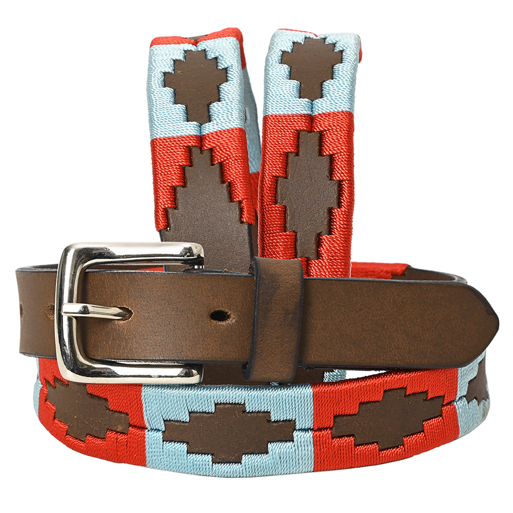 BAR H EQUINE Western Genuine Leather Men And Women Brown Belt Embroidered Red &amp; Light Blue
