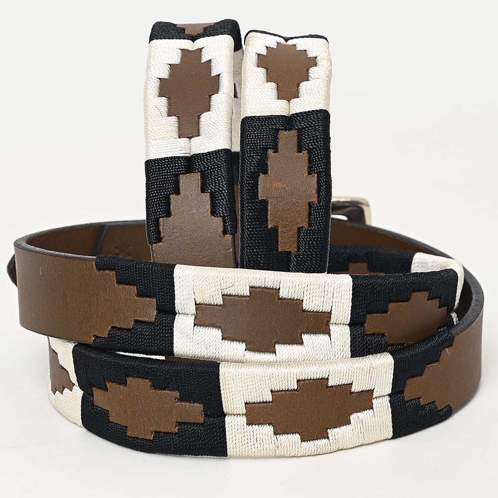 BAR H EQUINE Western Genuine Leather Men And Women Brown Belt Embroidered Black &amp; White